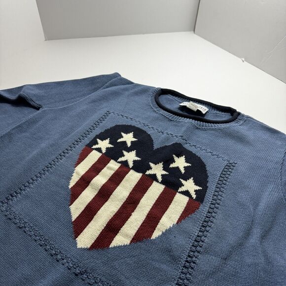 Vintage 100% Handknit Heart American Flag Blue Crewneck Sweater Woman's Size XL - Picture 2 of 5